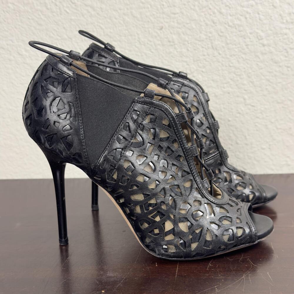 Jimmy Choo Shoes Womens Size 6 Nappa Shiny Black Cutout Lace Up Peep Toe Heels